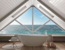 Panoramic window on open sea ocean, mezzanine loft, spa bathroom, minimalist scandinavian interior design
